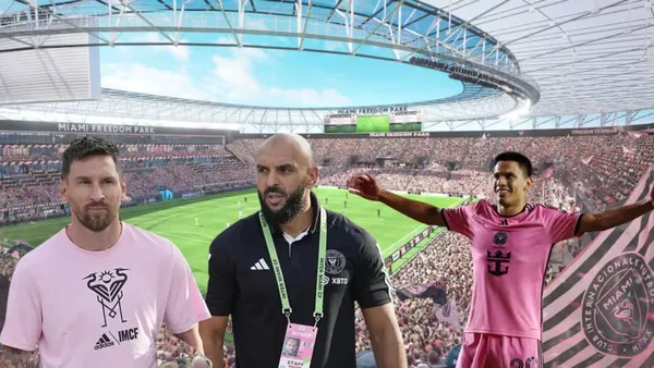 Lionel Messi, Yassine Cheuko y el paraguayo Diego Gómez