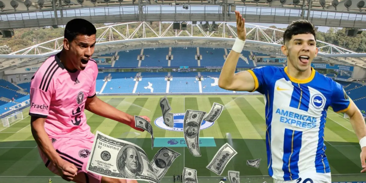 Diego Gómez y Julio Enciso, con el estadio del Brighton