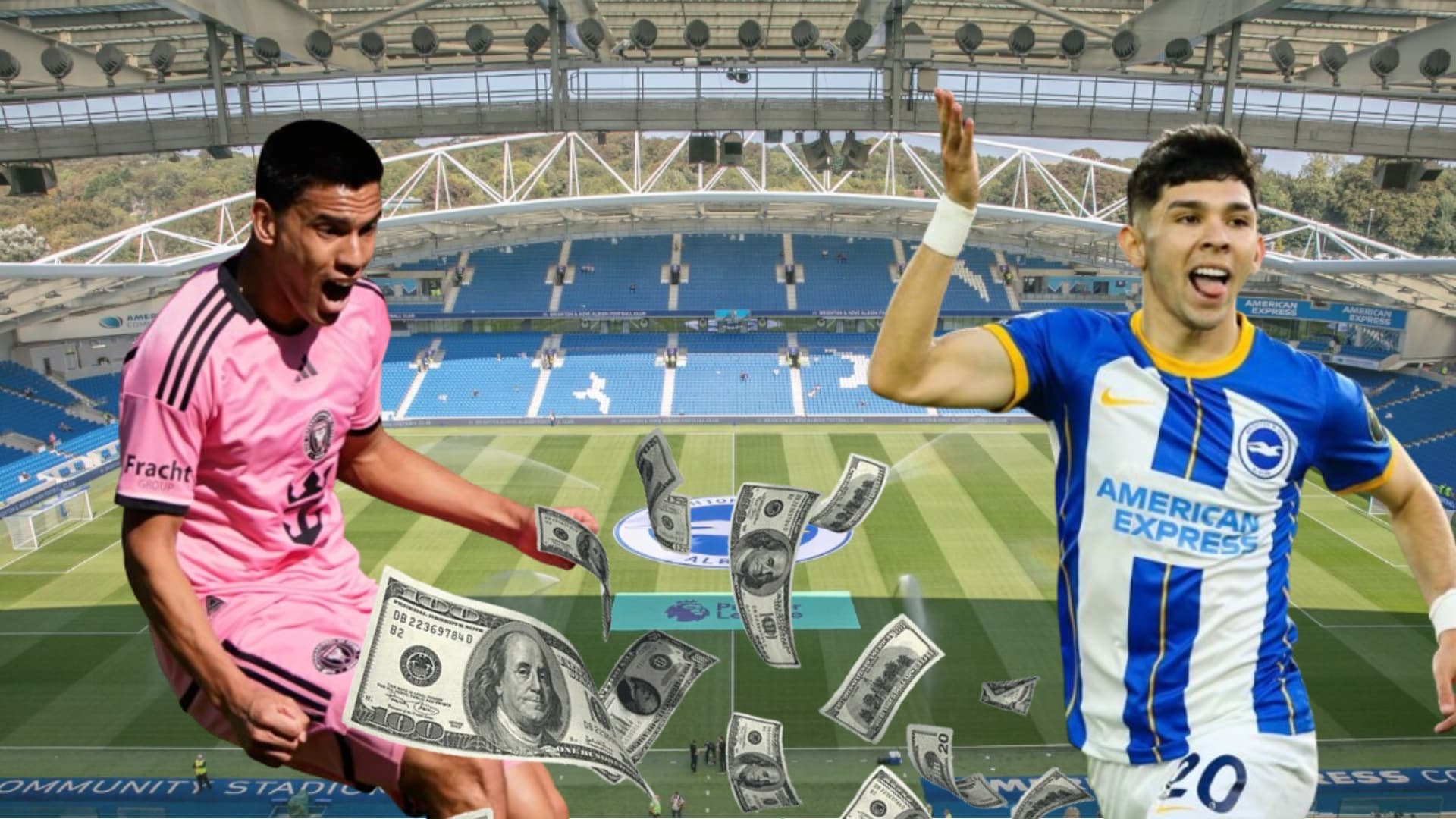 Diego Gómez y Julio Enciso, con el estadio del Brighton