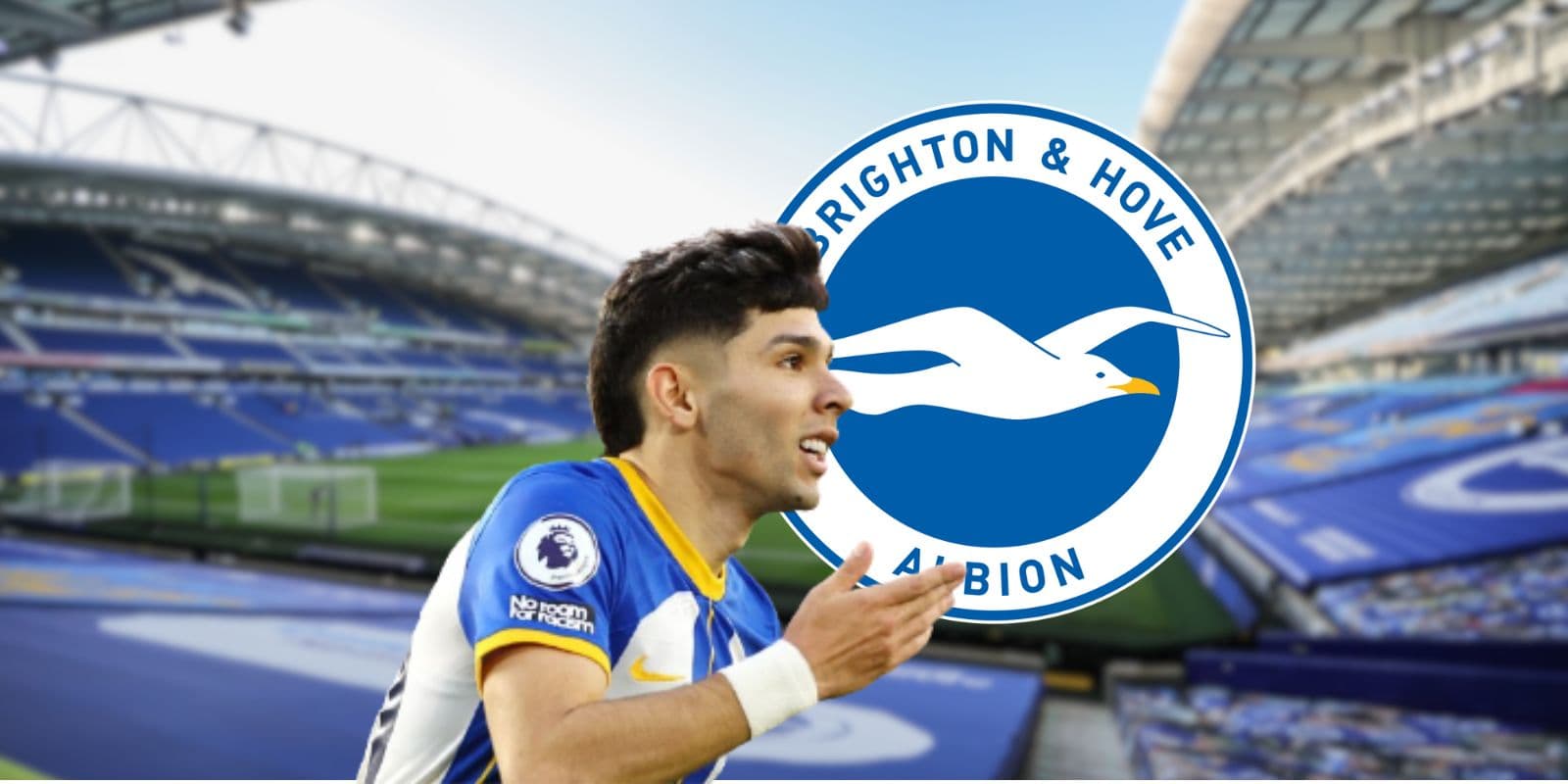 Julio Enciso celebrando un gol con la camiseta del Brighton en la Premier League