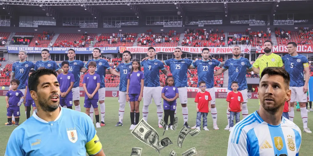 La selección paraguaya en formación y Luis Suárez con Lionel Messi