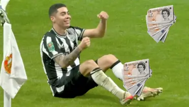 Miguel Almirón festejando irónicamente un gol manejando un vehículo