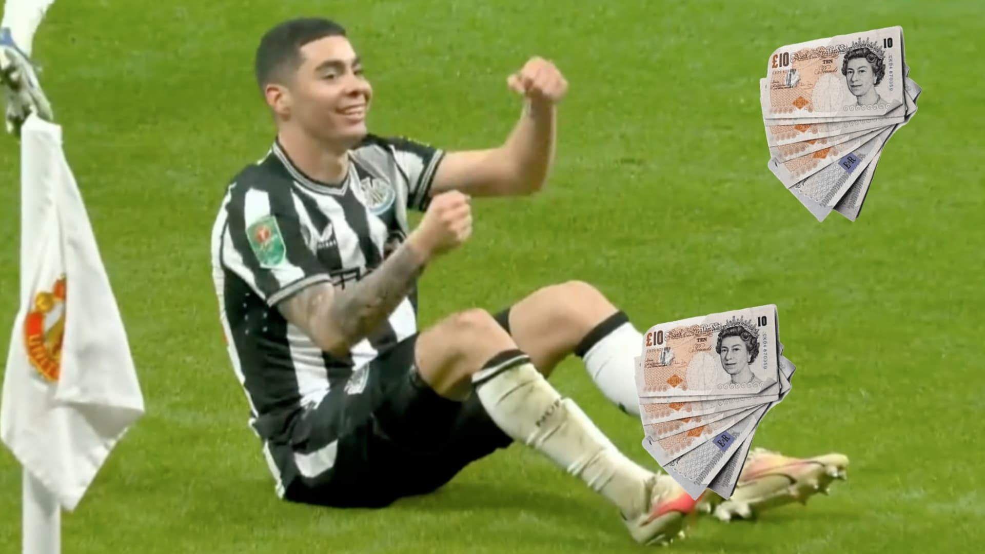 Miguel Almirón festejando irónicamente un gol manejando un vehículo